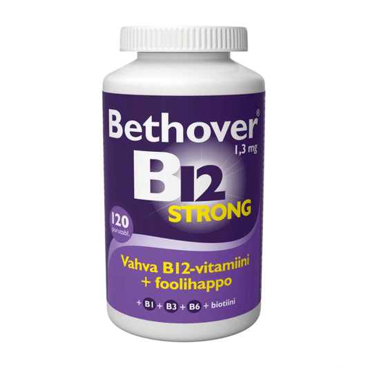 BETHOVER Strong B12 mansikka purutabletti 120 kpl mansikanmakuinen vahva B12-vitamiinivalmiste