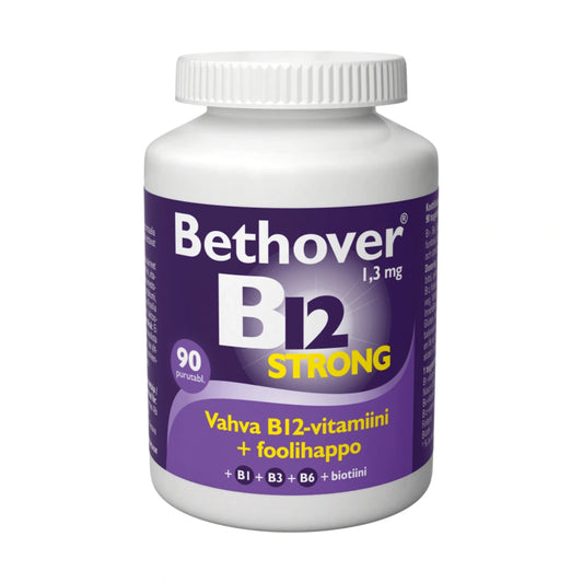 BETHOVER Strong B12 mansikka tabletti 90 kpl sisältää monipuolisen valikoiman B-vitamiineja