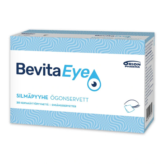 BEVITA Eye Silmäpyyhe 20 kpl pehmeitä kuitukangasliinoja, joiden ainesosat kosteuttavat ja puhdistavat herkkää silmäluomea ja ripsiä