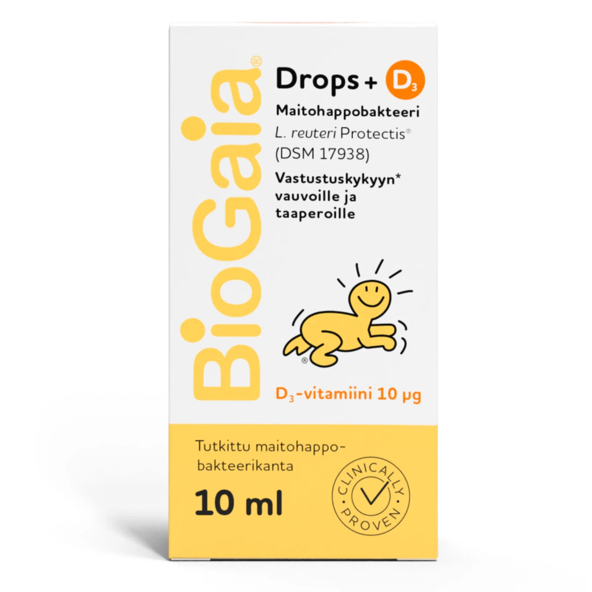 BIOGAIA Drops + D3 maitohappobakteeritippa 10 ml sisältää tutkittua maitohappobakteerikantaa