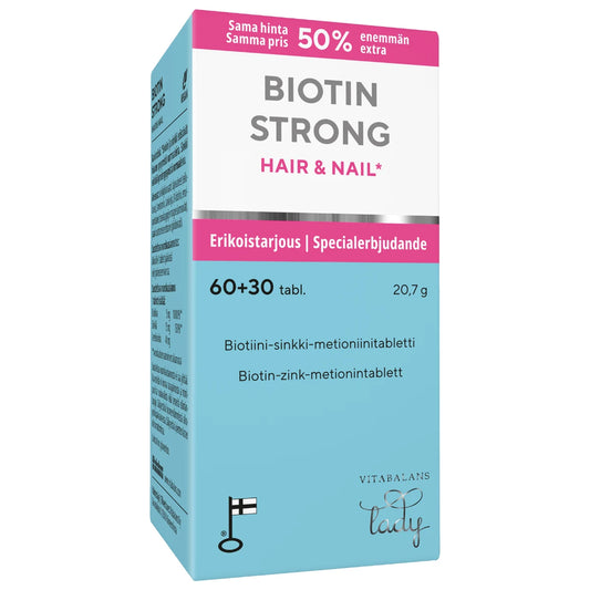 BIOTIN Strong Hair & Nail tabletti 60+30 kpl kampanjapakkaus 50% enemmän