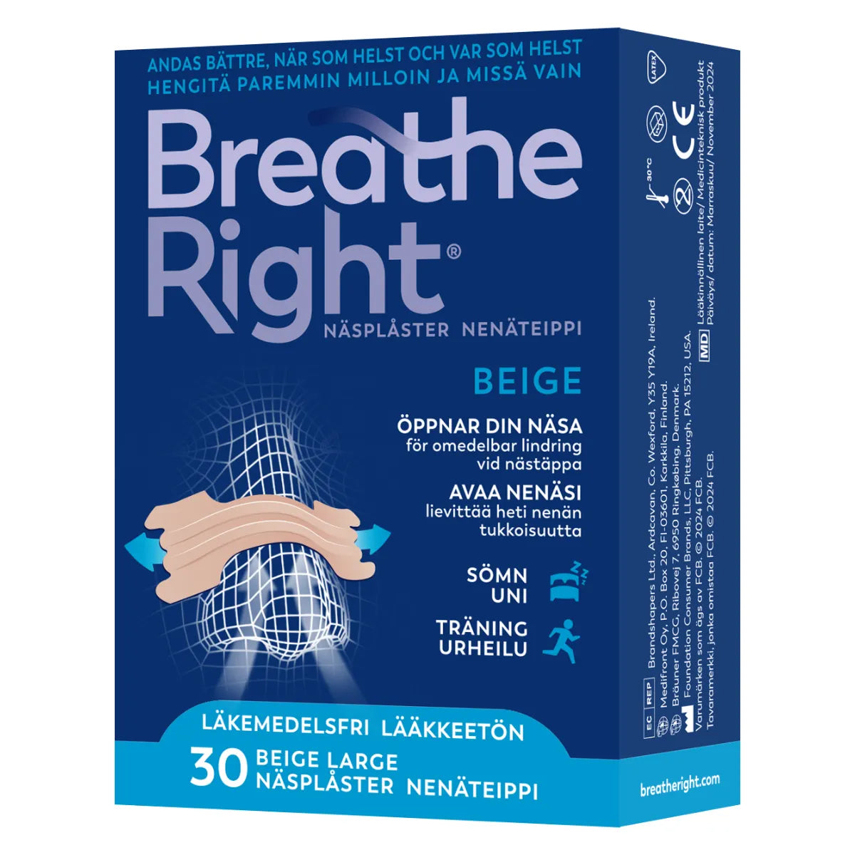 BREATHE Right Beige nenäteippi Large lievittää heti nenän tukkoisuutta