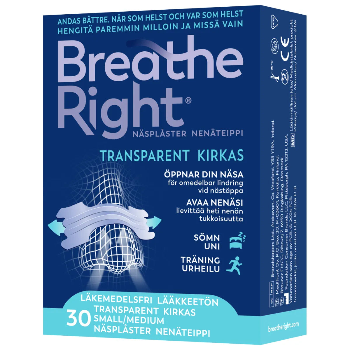 BREATHE RIGHT Nenäteippi kirkas S/M lievittää heti nenän tukkoisuutta