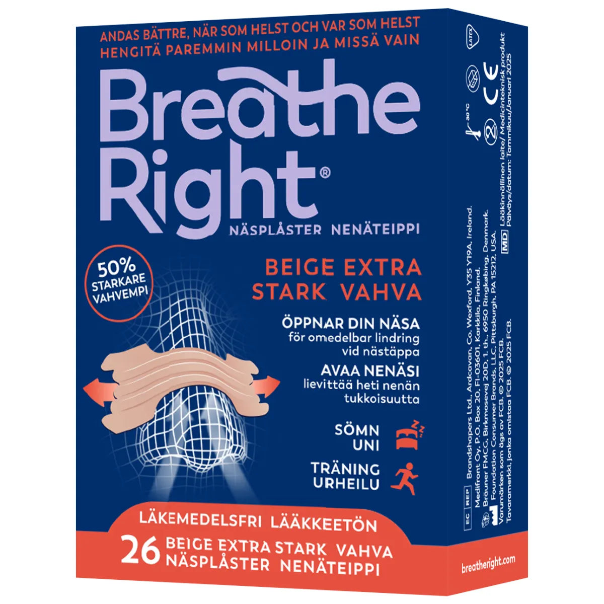Breathe Right nenäteippi Beige Extra Vahva 26 kpl lääkkeetön