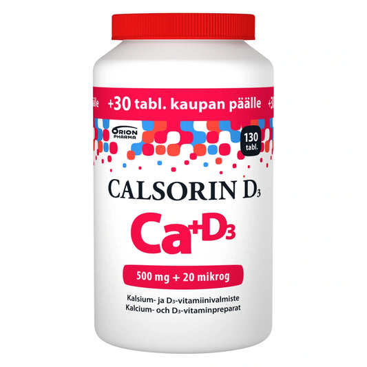 CALSORIN 500 mg + D3-vitamiini 20 mikrog tabletti 130 kpl sisältää kalsiumia ja hyvin imeytyvää D3-vitamiinia helposti nieltävässä tabletissa