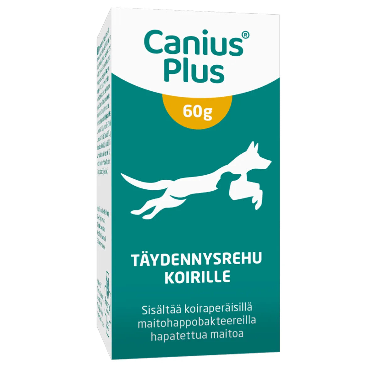 Canius Plus 60 g sisältää koiraperäisillä maitohappobakteereilla hapatettua maitoa, koirien suoliston tukemiseen