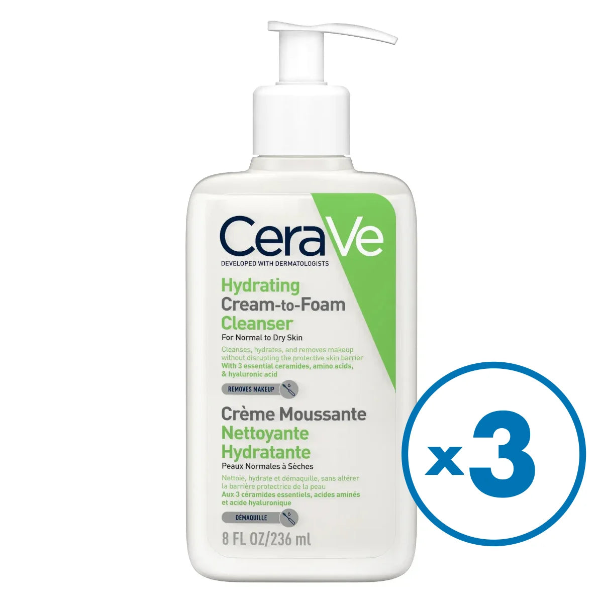 CERAVE Hydrating Cream-to-foam Cleanser puhdistustuote 3x236 ml