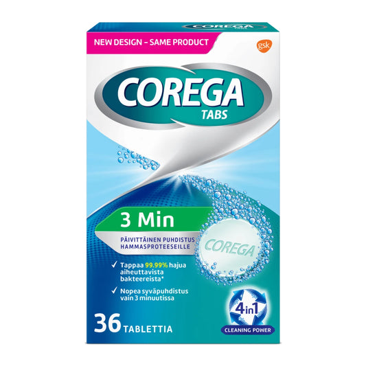 COREGA Tabs 3 Minutes puhdistustabletit 36 kpl hammasproteesien puhdistukseen.