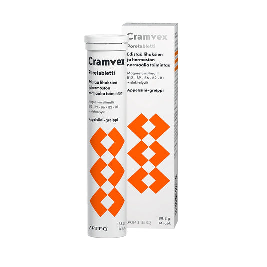 APTEQ Cramvex appelsiinin- ja greipinmakuinen poretabletti 14 kpl lihasten ja hermoston normaaliin toimintaan sisältää magnesiumia ja B-vitamiineja