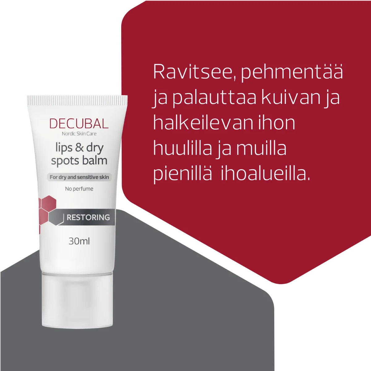 DECUBAL Lips & Dry Spots Balm 30 mln ravitsee ja pehmentää kuivan halkeilevan ihon huulilla
