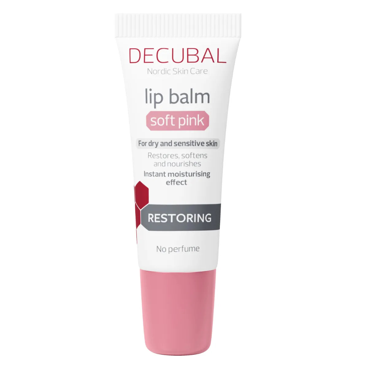 Decubal Restoring Lip Balm Soft Pink 10 ml – hajusteeton hennon vaaleanpunainen huulivoide