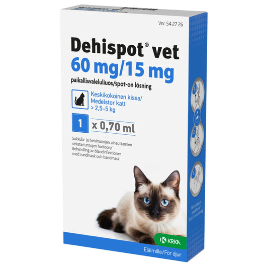 DEHISPOT VET paikallisvaleluliuos 60/15 mg keskikokoiselle kissalle >2,5-5 kg 0,7 ml