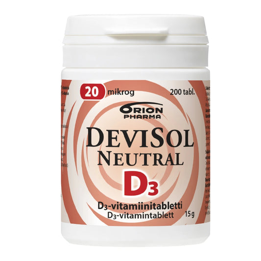 DEVISOL Neutral 20 mikrog tabletti 200 kpl on erittäin pienikokoinen, nieltävä D-vitamiinitabletti.