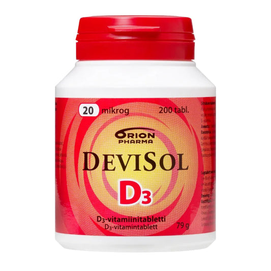 DEVISOL 20 mikrog tabletti 200 kpl hedelmäisen raikas imeskelytabletti sisältää hyvin imeytyvää D3-vitamiinia