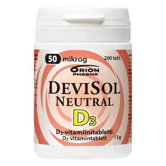 DEVISOL Neutral 50 mikrog tabletti 200 kpl on erittäin pienikokoinen, nieltävä D-vitamiinitabletti.