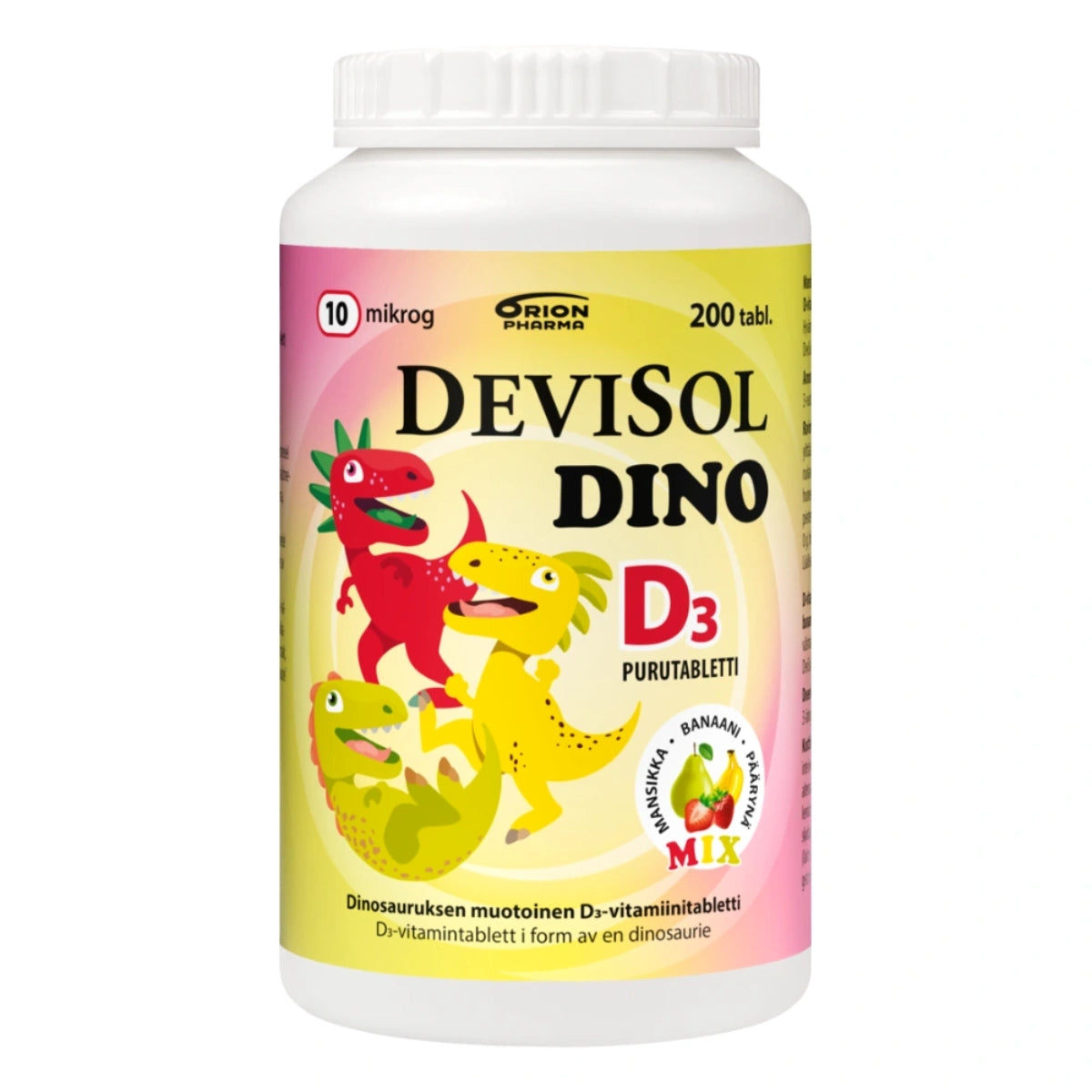 DEVISOL Dino Mix 10 mikrog purutabletti 200 kpl dinosauruksen muotoisia mansikan, banaanin ja päärynän makuisia D-vitamiinipurutabletteja