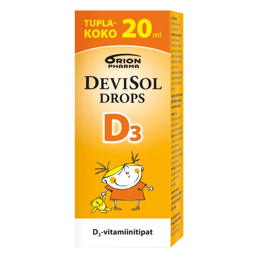 DEVISOL Drops D3-vitamiinitippa tuplakoko 20 ml öljypohjainen tippavalmiste D-vitamiinin saannin varmistamiseen vauvaiästä lähtien