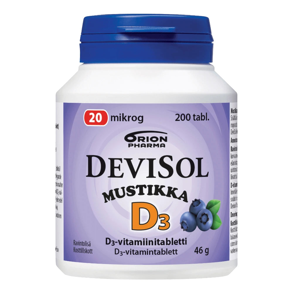 DEVISOL Mustikka 20 mikrog imeskelytabletti 200 kpl aidon mustikan makuinen D3-vitamiinivalmiste