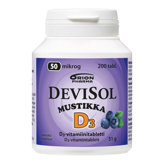 DEVISOL Mustikka 50 mikrog imeskelytabletti 200 kpl on aidon mustikan makuinen D3-vitamiinia sisältävä valmiste
