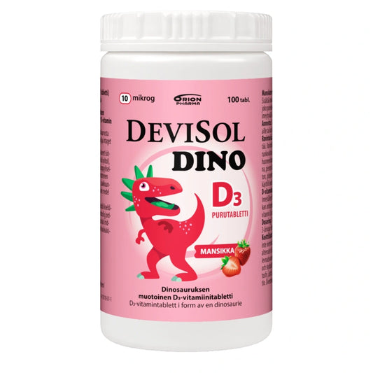 DEVISOL Dino mansikka 10 mikrog purutabletti 100 kpl mansikanmakuinen tabletti sisältää hyvin imeytyvää D3-vitamiinia