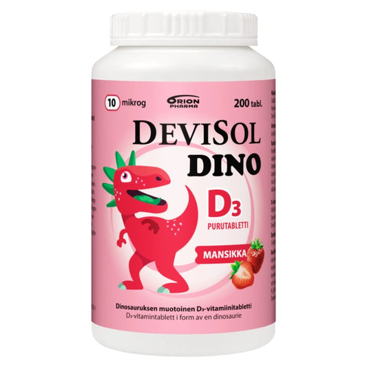 DEVISOL Dino mansikka 10 mikrog purutabletti 200 kpl mansikanmakuinen tabletti sisältää 10 mikrogrammaa hyvin imeytyvää D3-vitamiinia