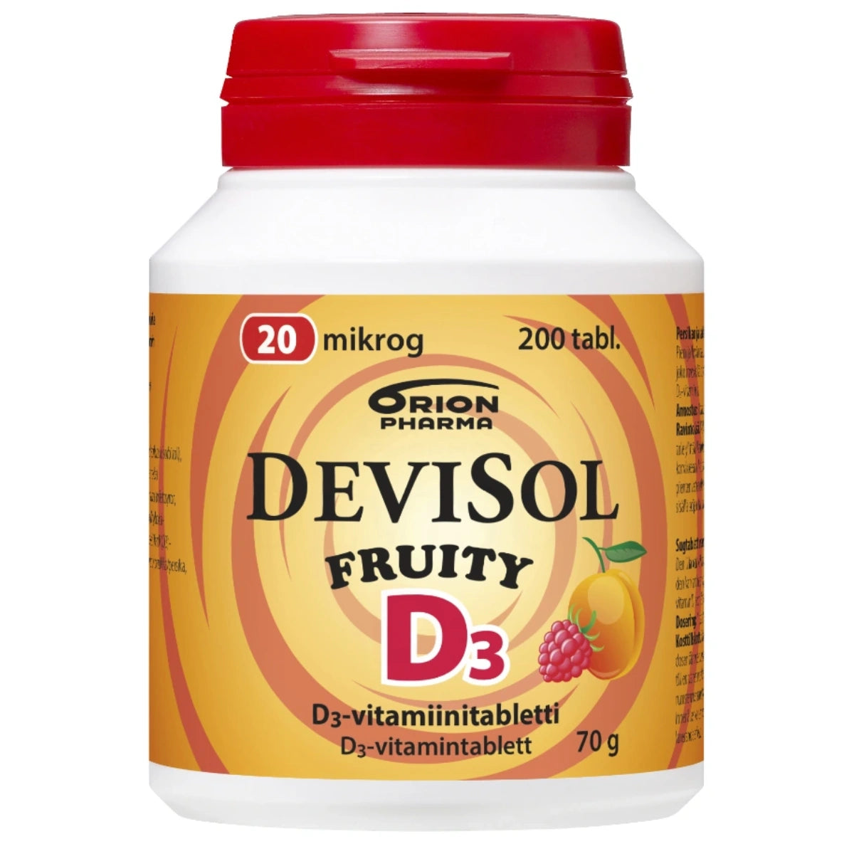 DEVISOL Fruity 20 mikrog imeskelytabletti 200 kpl hedelmäinen, persikan ja vadelman makuinen D3-vitamiinitabletti