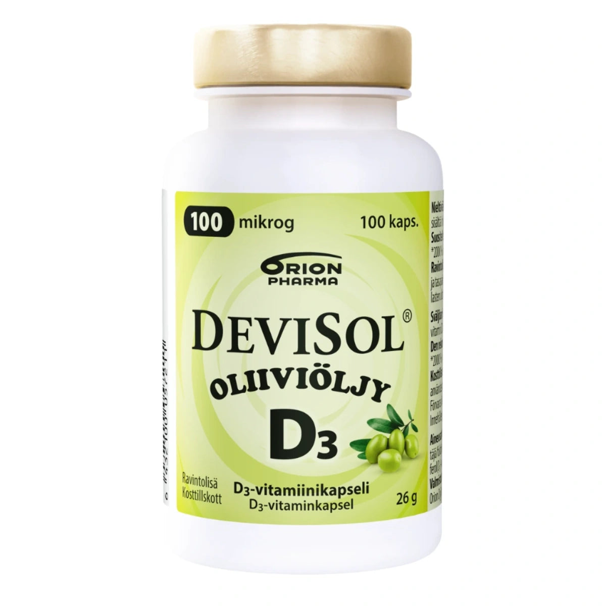 DEVISOL Oliiviöljy 100 mikrog kapseli 100 kpl sisältää hyvin imeytyvää D3-vitamiinia ja korkealaatuista ekstra-neitsytoliiviöljyä samassa, helposti nieltävässä kapselissa.