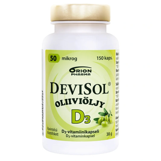DEVISOL Oliiviöljy 50 mikrog kapseli 150 kpl sisältää hyvin imeytyvää D3-vitamiinia ja korkealaatuista ekstra-neitsytoliiviöljyä samassa, helposti nieltävässä kapselissa