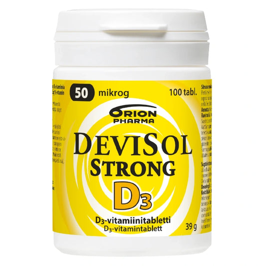 DEVISOL Strong 50 mikrog imeskelytabletti 100 kpl sisältää 50 mikrogrammaa hyvin imeytyvää D3-vitamiinia