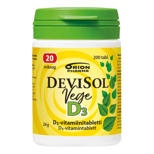 DEVISOL Vege 20 mikrog tabletti 200 kpl on erityisesti vegaaneille ja kasvissyöjille kehitetty D3-vitamiinitabletti.