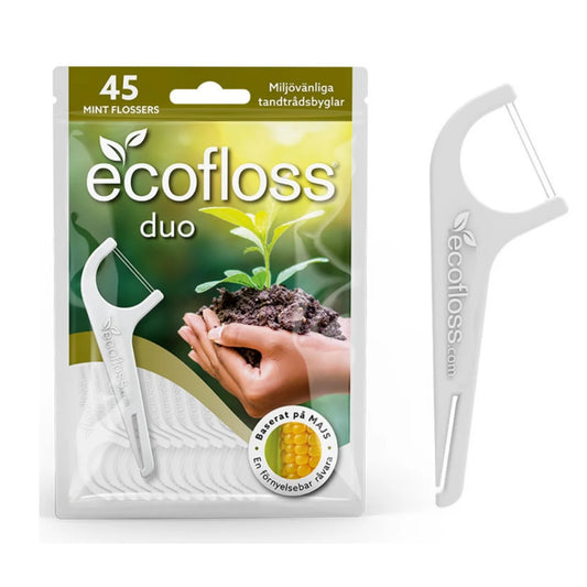 ECOFLOSS Duo hammaslankaimessa on kaksi rinnakkaista hammaslankaa, joiden väliin plakki irtoaa helposti.