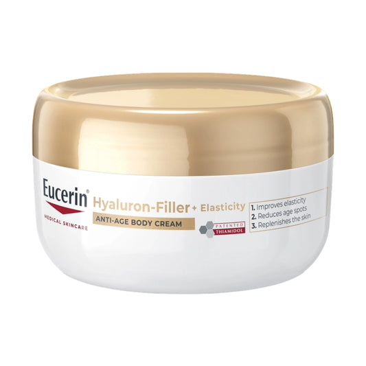 EUCERIN Hyaluron-Filler + Elasticity Body Cream vartalovoide 200 ml kosteuttaa, parantaa ihon kimmoisuutta ja vähentää pigmenttimuutoksia.