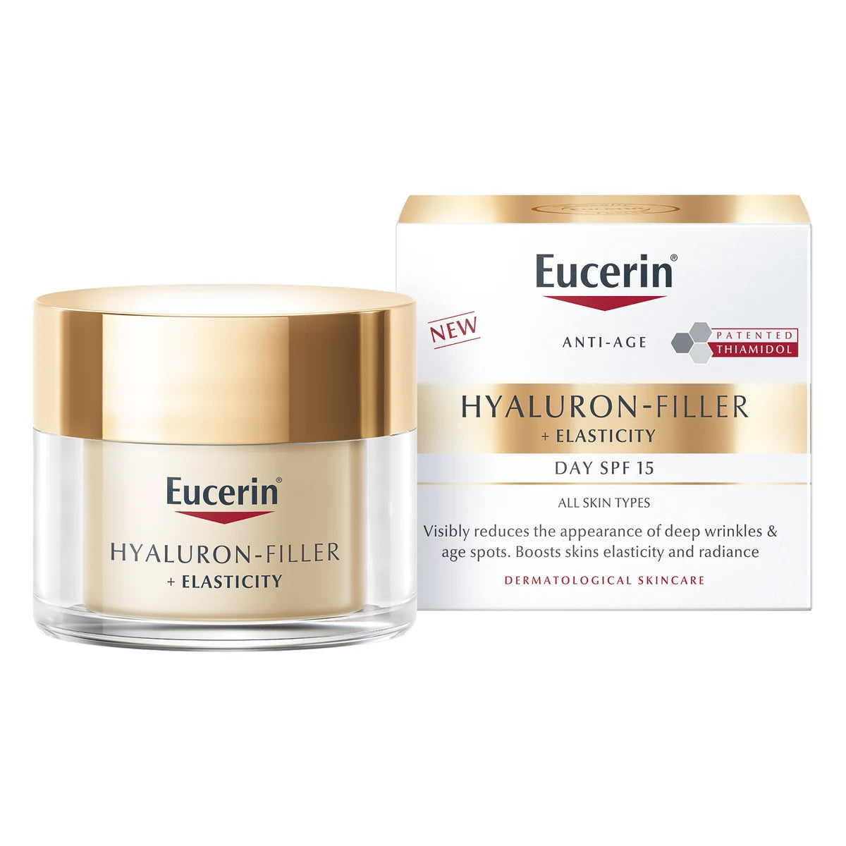 EUCERIN Hyaluron-Filler + Elasticity Day Cream SPF15 päivävoide 50 ml tasoittaa syviäkin ryppyjä ja parantaa ihon kimmoisuutta.