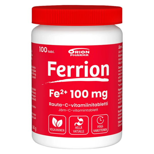 FERRION 100 mg tabletti 100 kpl pitkävaikutteinen rauta- ja C-vitamiinivalmiste, jossa rauta on vatsaystävällisessä bisglysinaattimuodossa