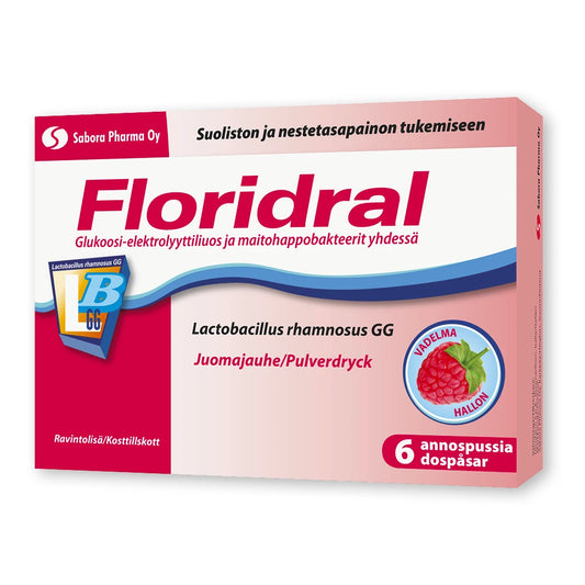 FLORIDRAL Vadelma annosjauhe nestetasapainon tukemiseen, glukoosia, elektrolyyttejä ja maitohappobakteereita