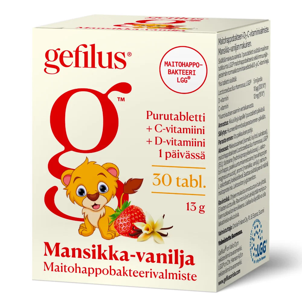 GEFILUS + D Mansikka-vanilja purutabletti 30 kpl maitohappobakteerivalmiste