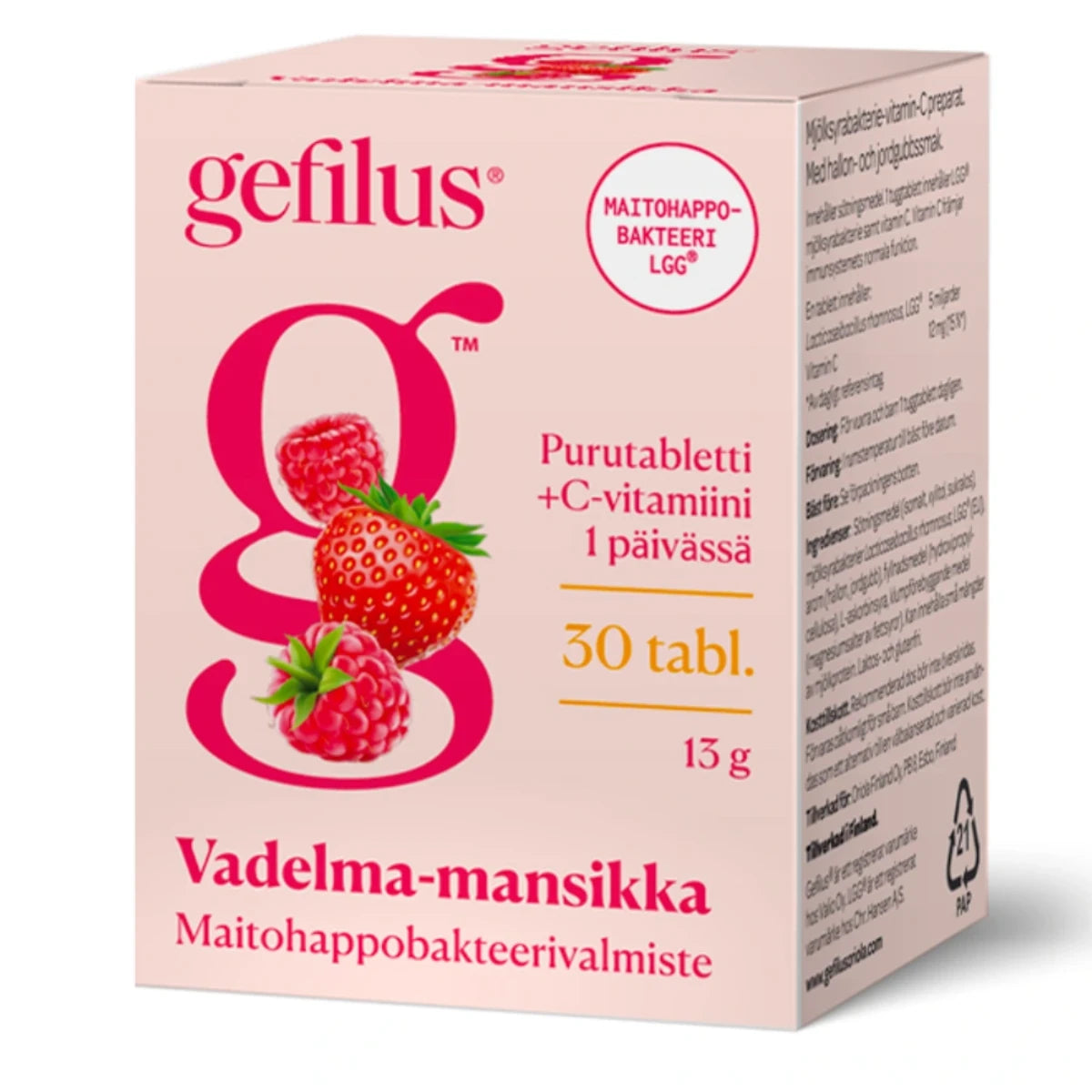 GEFILUS Vadelma-mansikka purutabletti 30 kpl maitohappobakteerivalmiste