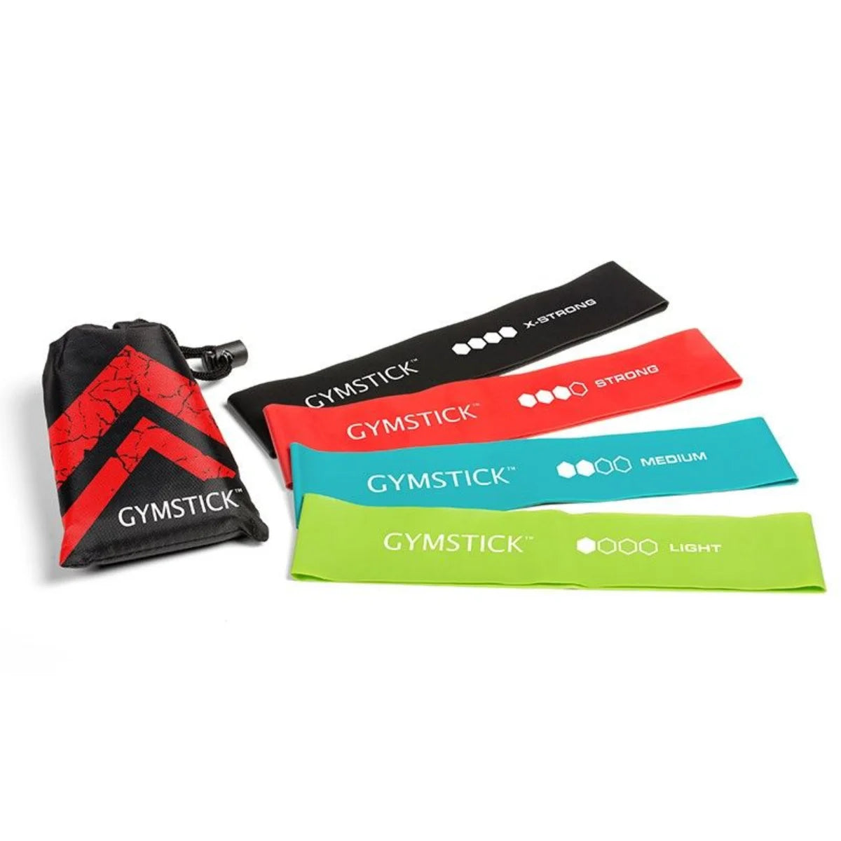 GYMSTICK Mini Band Set vastuskuminauha 4 kpl sisältää neljä eri vahvuista vastuskuminauhaa
