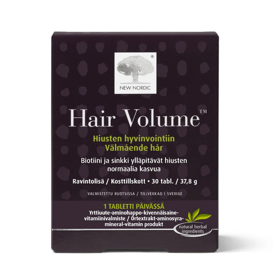HAIR Volume tabletti 30 kpl sisältää biotiinia ja sinkkiä, jotka edistävät hiusten pysymistä normaaleina