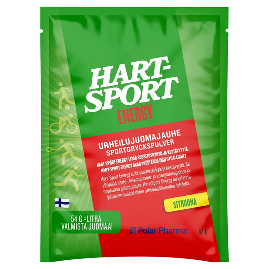 HART-SPORT Energy Urheilujuomajauhe Sitruuna annospussi 54 g ylläpitää nestetasapainoa ja nopeuttaa palautumista.