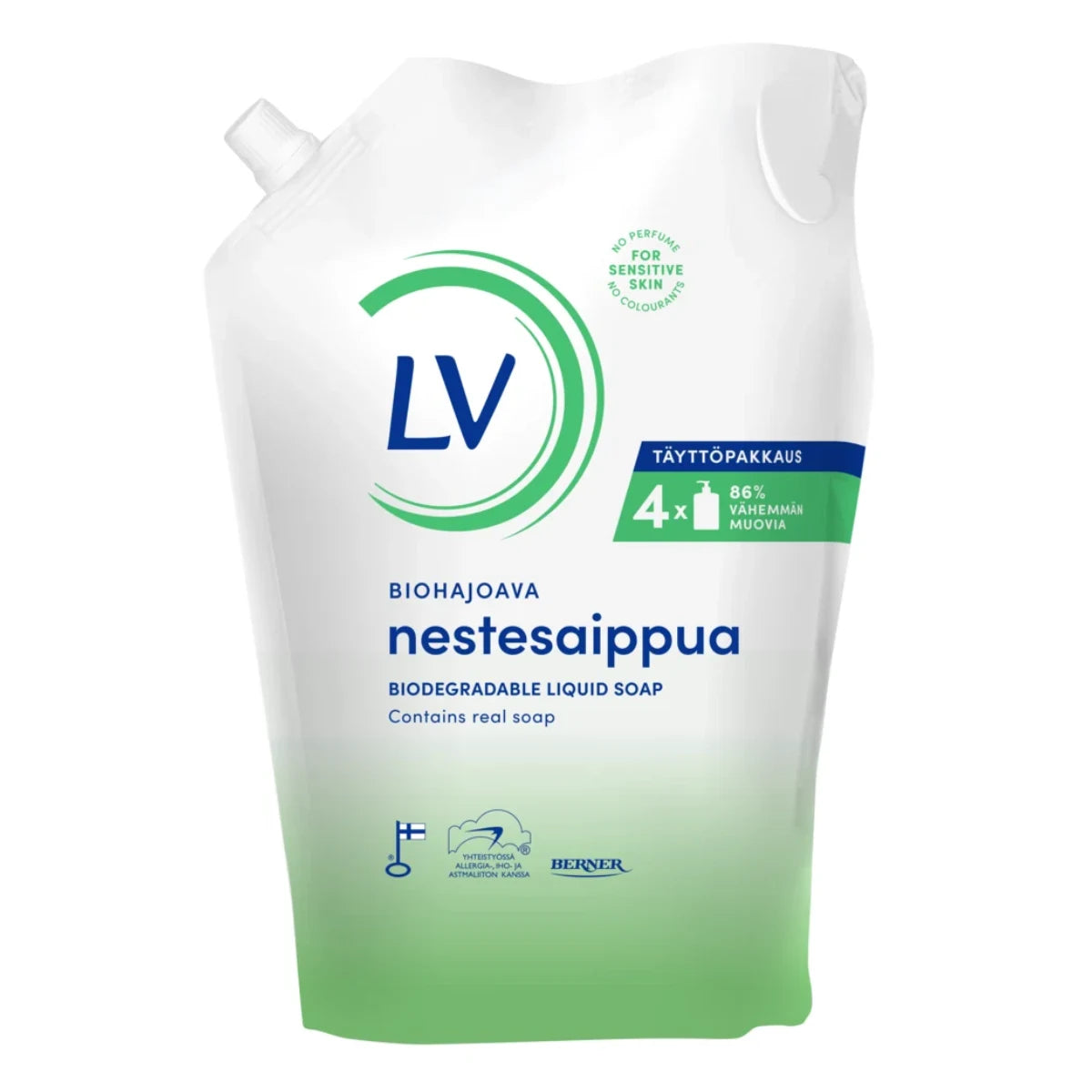 LV Biohajoava nestesaippua täyttöpussi 1,2 l – hajusteeton saippua herkälle iholle
