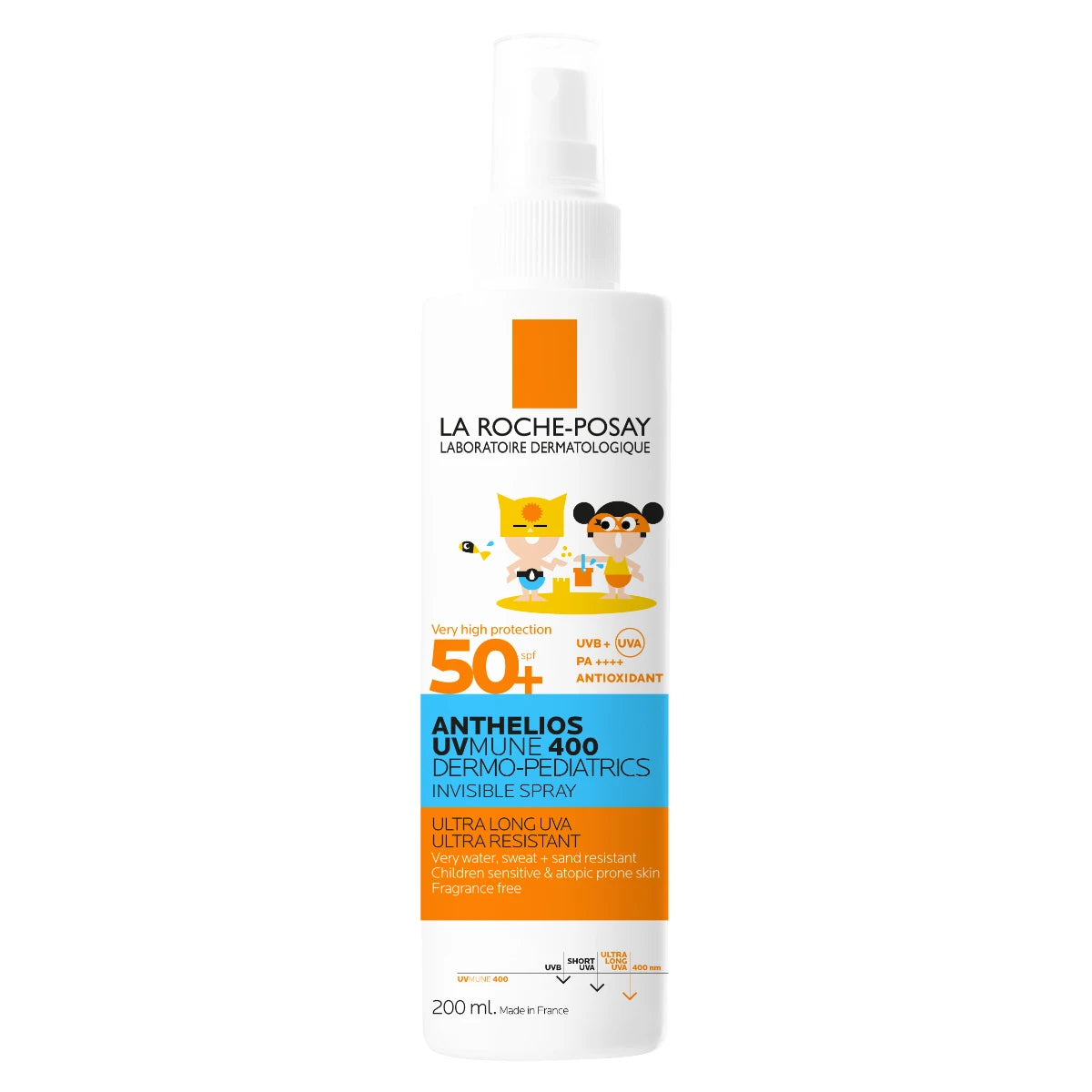 LA ROCHE-POSAY Anthelios UVMUNE 400 Kids Invisible Spray SPF50+ 200 ml sopii lasten iholle ja aktiivisuustasolle