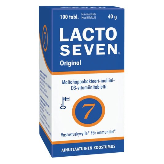 LACTO Seven tabletti 100 kpl maitohappobakteereja, inuliinia ja D3-vitamiinia sisältävä tabletti.