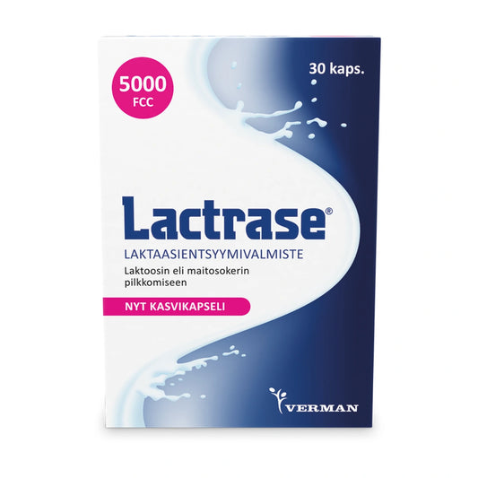 LACTRASE Laktaasientsyymi 5000 FCC kapseli 30 kpl laktoosin eli maitosokerin pilkkomiseen nieltävässä kasviskapselissa