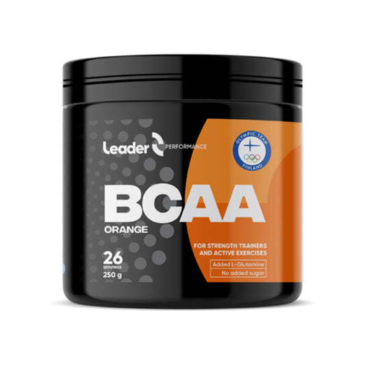 Leader Performance BCAA Orange 250 g – Raikkaan appelsiininmakuinen BCAA + L-glutamiini -juomajauhe