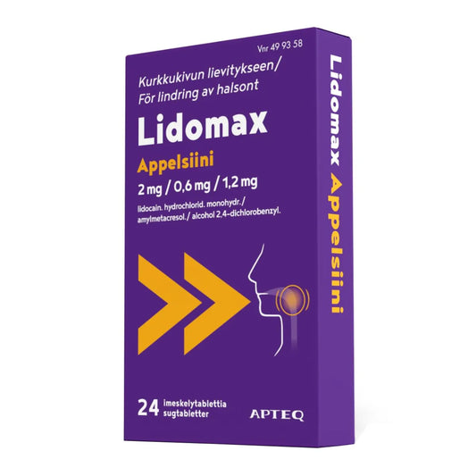 Lidomax Appelsiini imeskelytabletti 2/0,6/1,2 mg 24 fol kurkkukivun lievitykseen