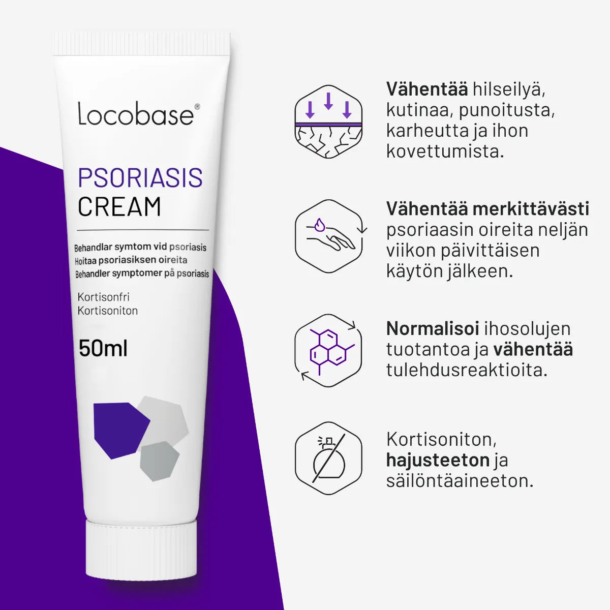 LOCOBASE Psoriasis Cream kortisoniton voide 50 ml tehoaa hilseilyyn