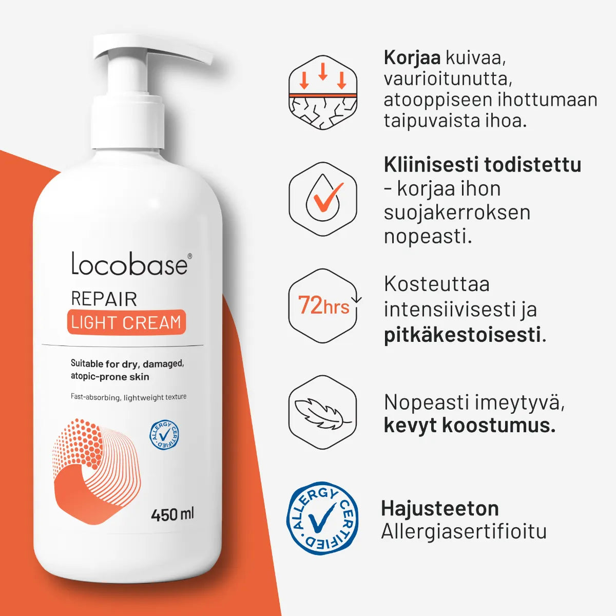 Locobase Repair Light Cream voide korjaa ja kosteuttaa. Hajusteeton, allergiasertifioitu.