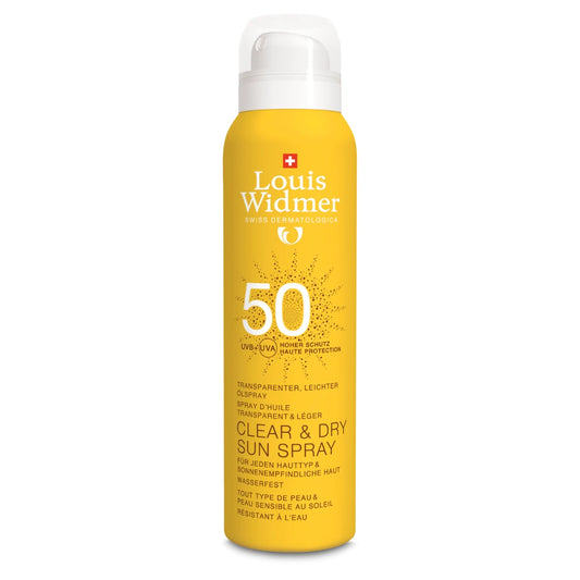 LOUIS WIDMER Clear & Dry Sun Spray SPF50 aurinkosuojasuihke 200 ml, hajusteeton öljysuihke jättää ihon kuivan tuntuiseksi ja imeytyy nopeasti