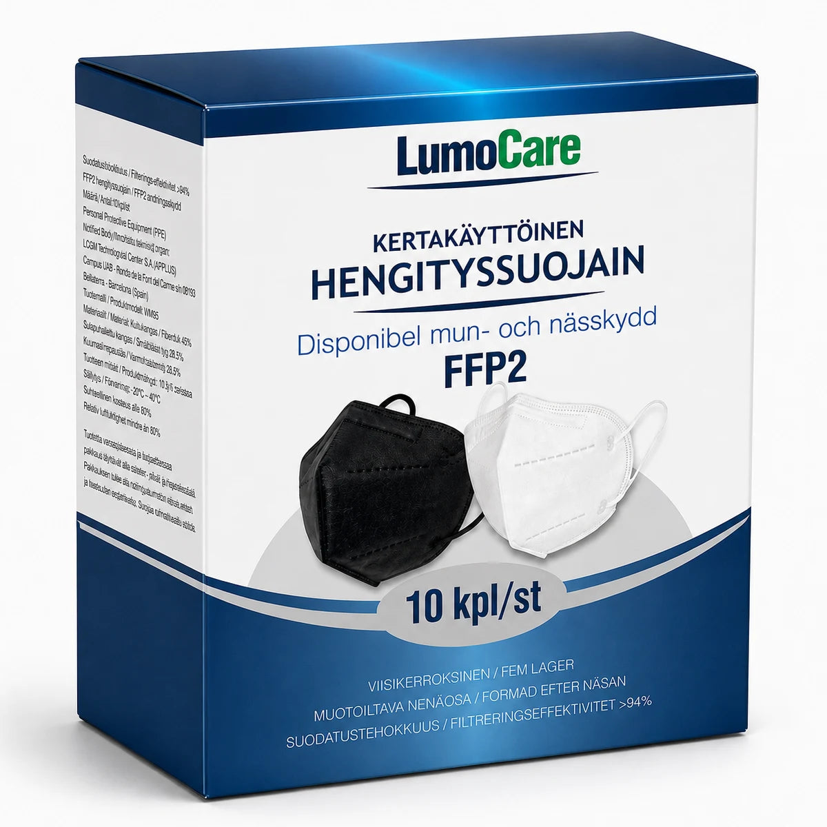 LUMOCARE FFP2 Hengityssuojain 10 kpl – saatavilla musta ja valkoinen